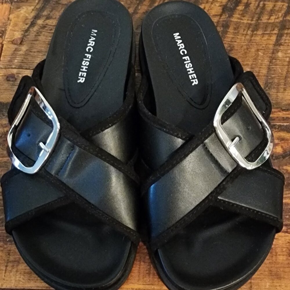 Marc Fisher Black Slides with Buckle Sandles with silver buckle